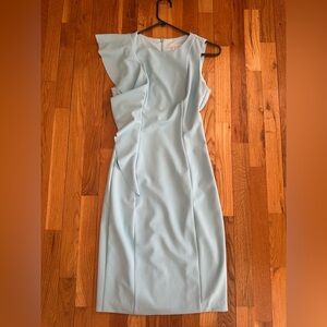 London Times Pale Blue Ruffle Sheath Midi Dress